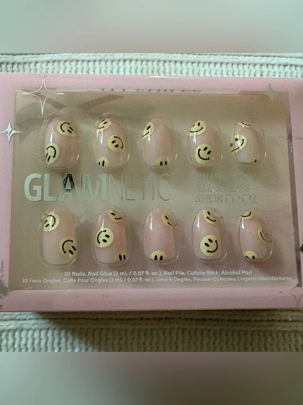 New Glamnetic Pink Press-On Nails with Yellow Smile Faces RARE All Smiles